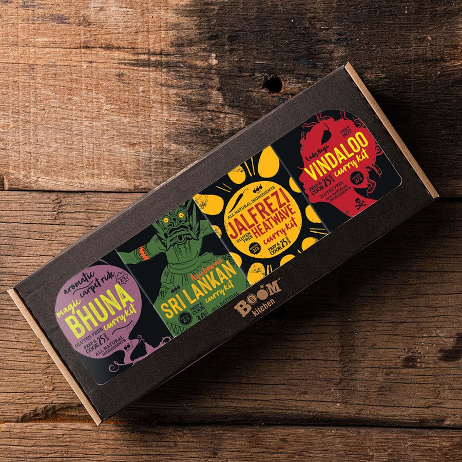 Medium Hot Curry Recipe Kit Box with Bhuna, Sri Lankan, Jalfrezi and Lady Naga Vindaloo kits